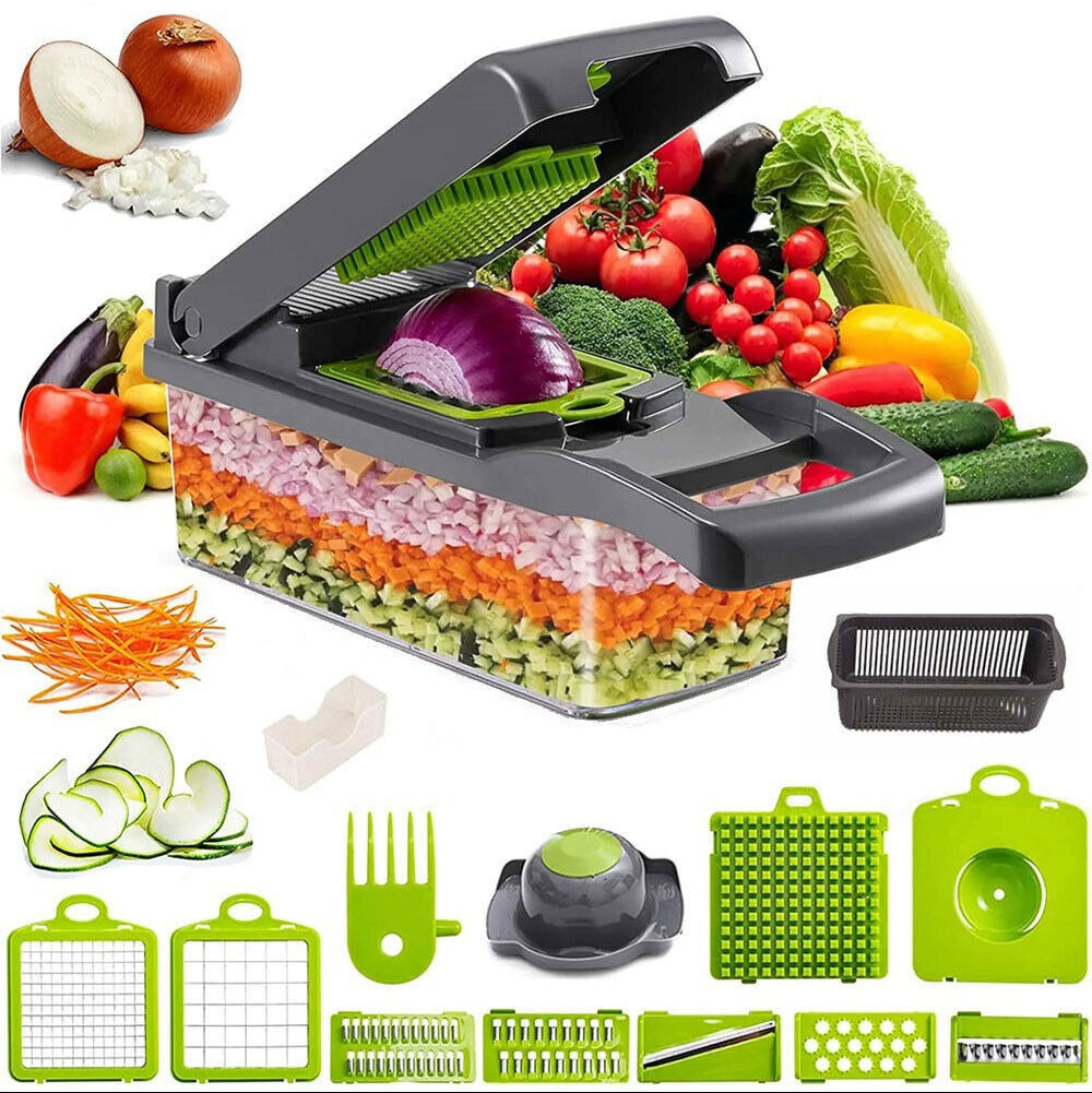 Multifunctional kitchen slicer with various attachments and chopped vegetables on a white background