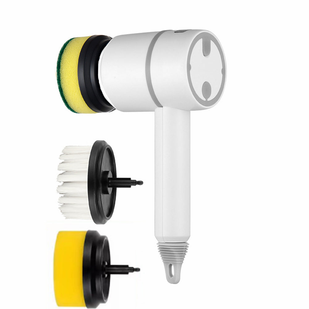 Electric scrubber brush cleaning bathroom tile and sink surfaces