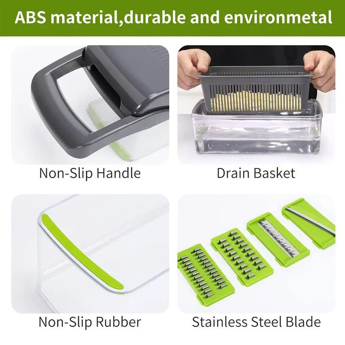 Kitchen tool with non-slip handle, drain basket, non-slip rubber base, and stainless steel blades.