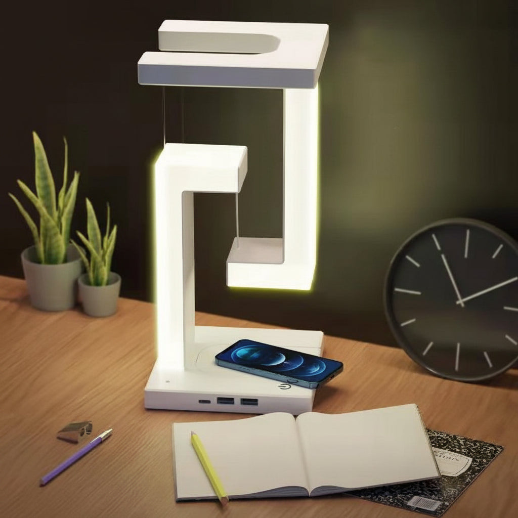 LED floating balance desk lamp with wireless phone charging