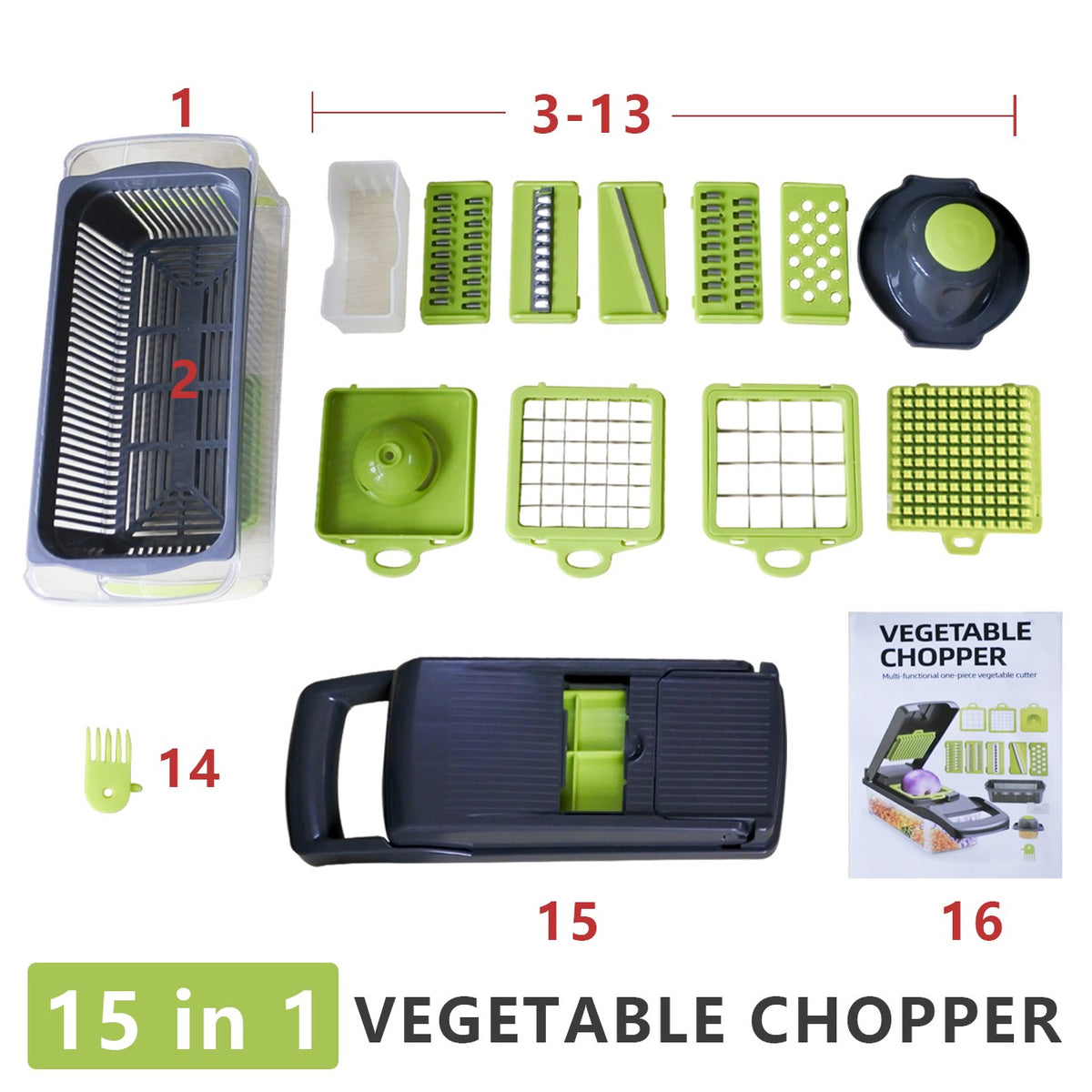 15-in-1 vegetable chopper set with various attachments on a white background