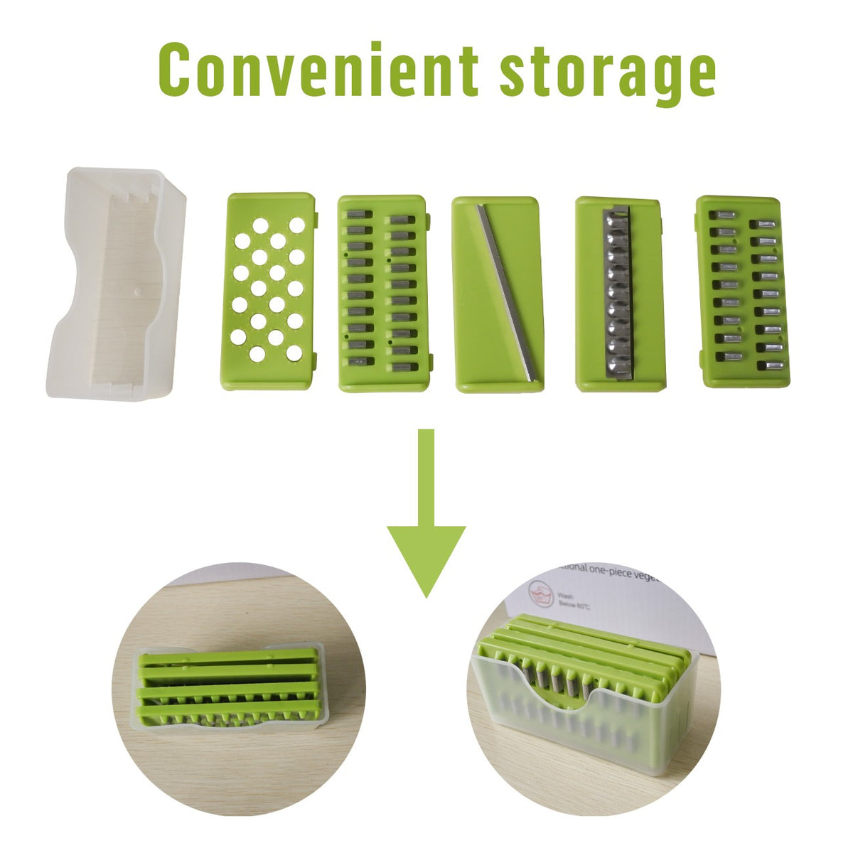 Green kitchen tool with various attachments and storage solution on a white background