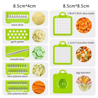 Set of green kitchen tools with various attachments and their uses on a white background.