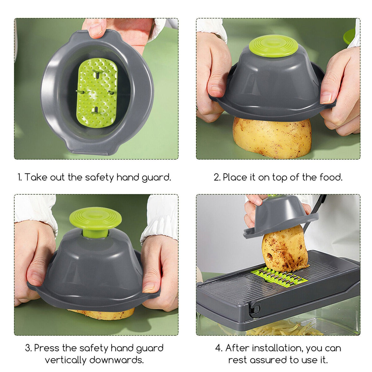 Instructions for using a food chopper with safety hand guard on a green background