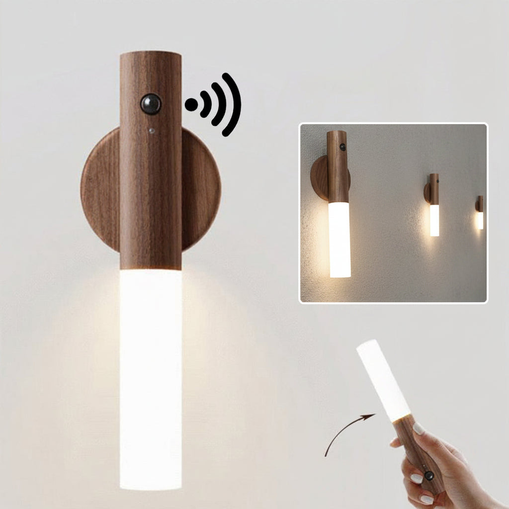 USB rechargeable motion sensor LED night light installed in a hallway
