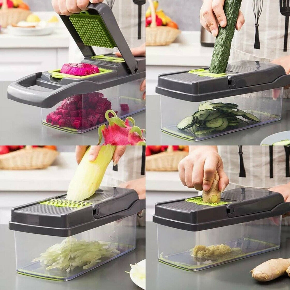 Multifunctional vegetable chopper being used to slice various vegetables on a kitchen counter.