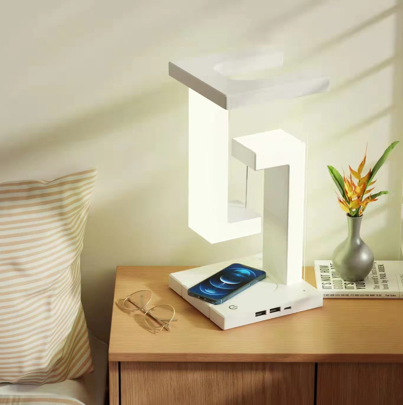 Modern magnetic balance desk lamp on a home office desk